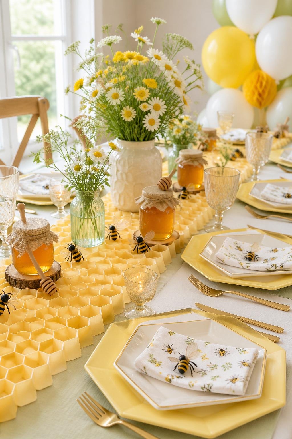 A baby shower table set with honeycomb table runners, bee-themed napkins, hexagon place settings, and small bee decorations.