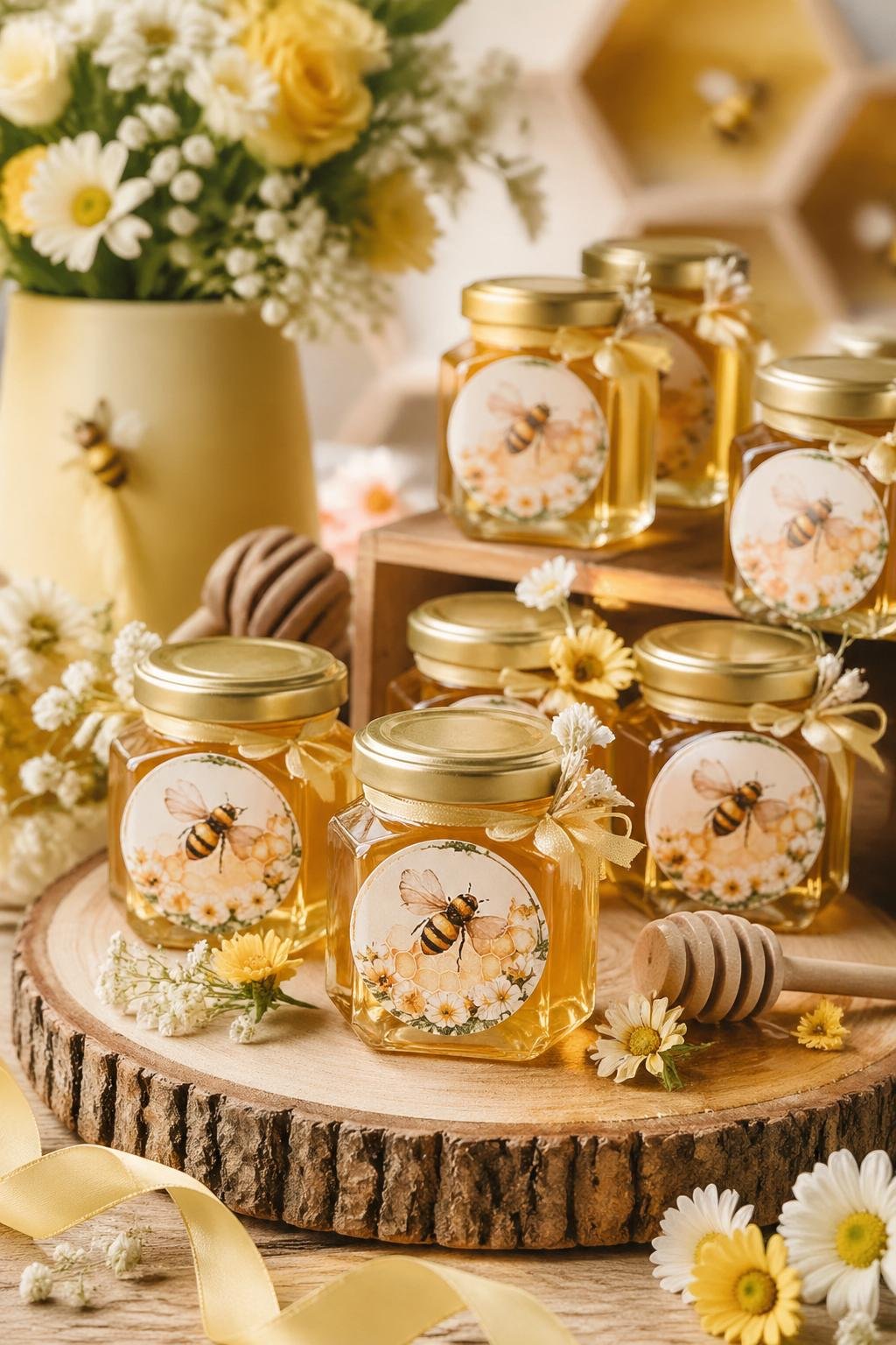 Mini honey jars decorated with bee-themed labels arranged on a wooden table with flowers and ribbons.