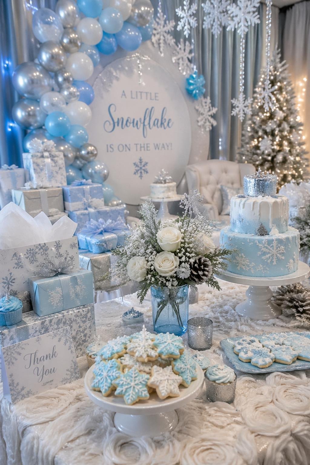 A decorated indoor baby shower with blue and white snowflake decorations, balloons, a festive table with winter-themed treats, and wrapped gifts.