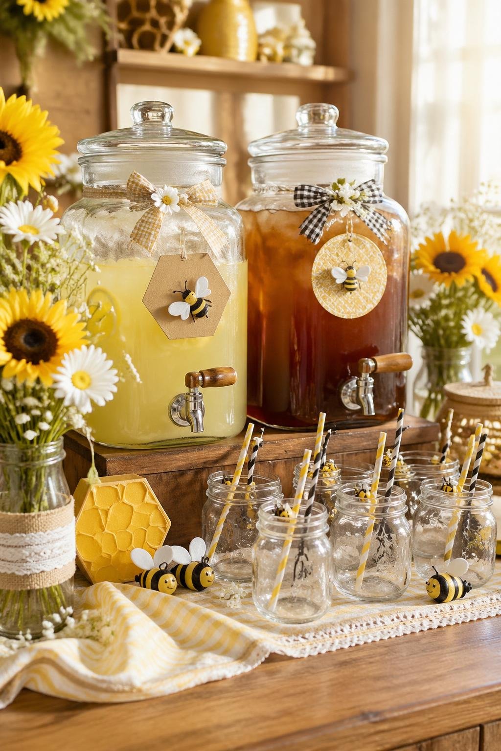 A drink station with glass dispensers of lemonade and iced tea, decorated with bee-themed accents and fresh flowers on a wooden table.