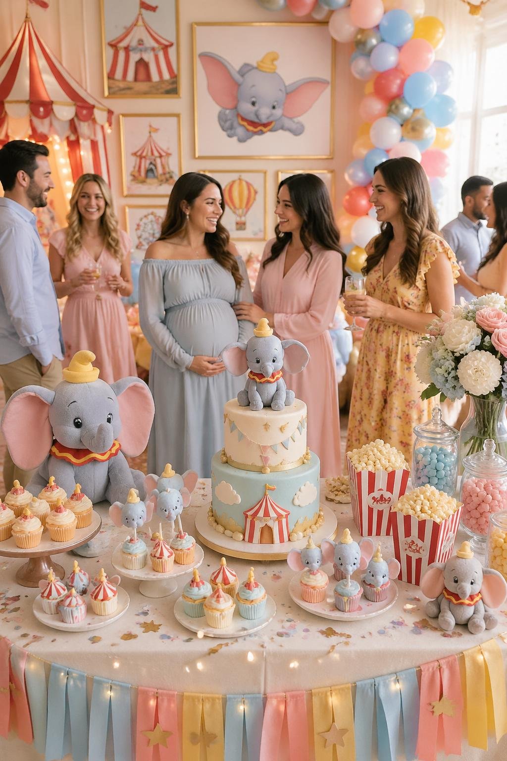 A bright and festive baby shower decorated with Dumbo and circus-themed decorations, featuring balloons, a dessert table with themed treats, and guests celebrating together.