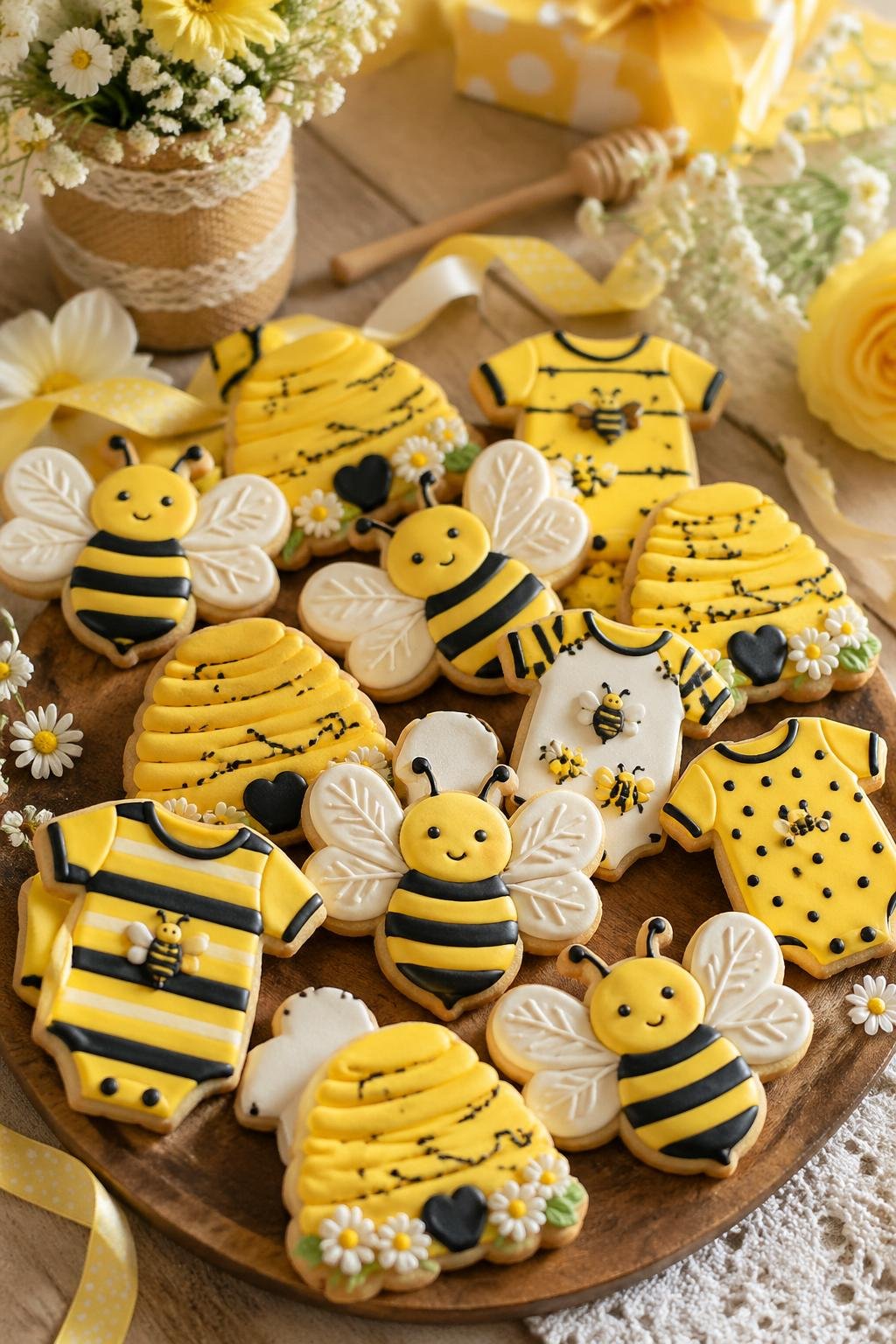 Assorted bee-themed sugar cookies shaped like beehives, bees, and baby onesies arranged on a wooden table with baby shower decorations.