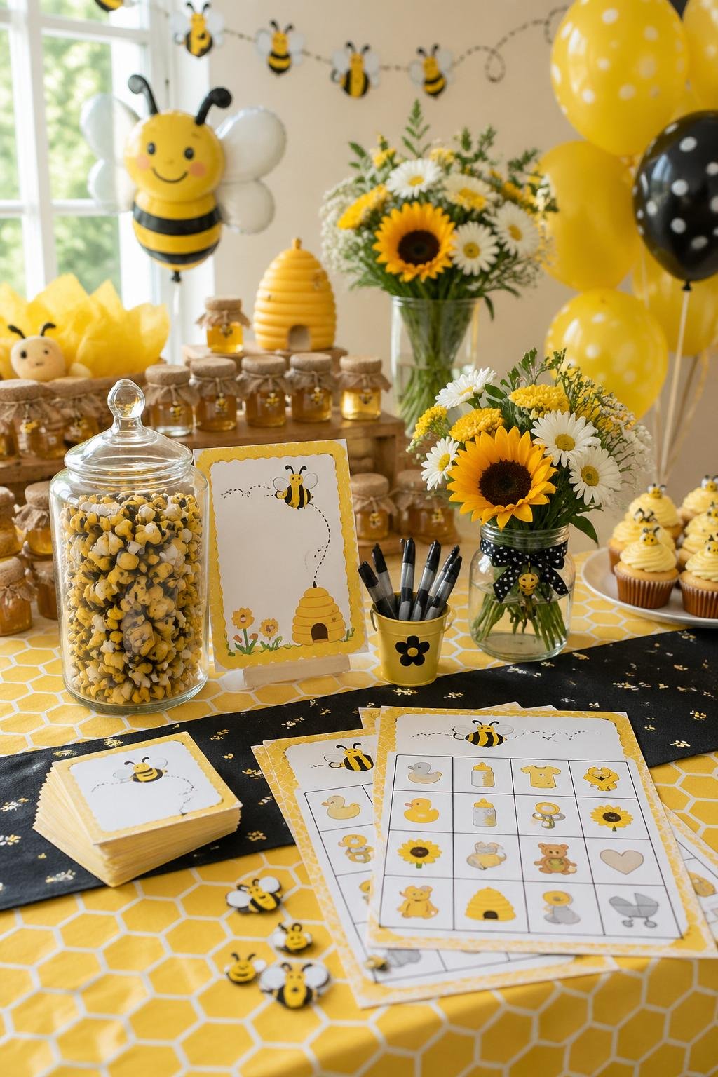 A baby shower setup with bee-themed decorations, including yellow balloons, honey jars, and game cards on a decorated table.