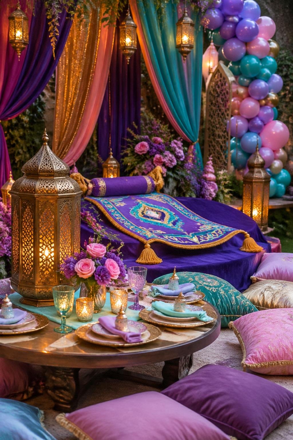 A decorated outdoor baby shower scene with colorful Middle Eastern-style decorations, a magic carpet prop, flowers, and balloons.