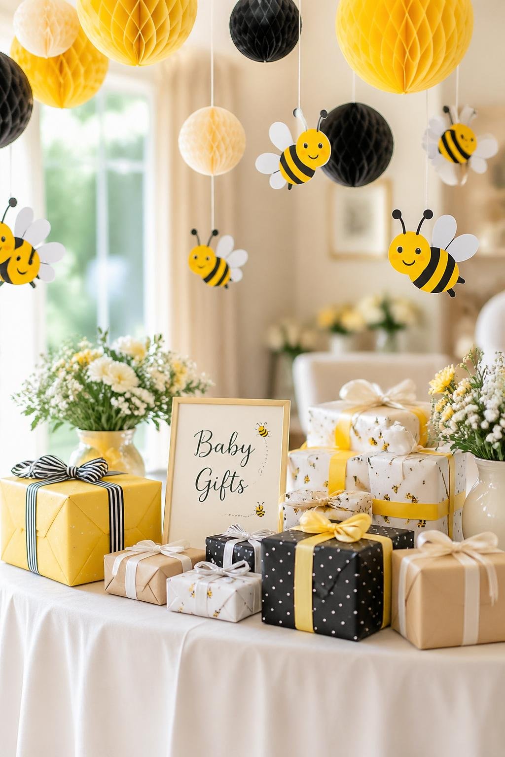 Gift table decorated with yellow and black honeycomb paper balls and hanging bee cutouts for a baby shower.
