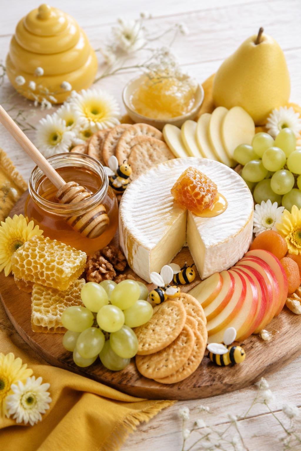 A grazing board with honey, Brie cheese, crackers, and fresh fruit arranged on a wooden surface.