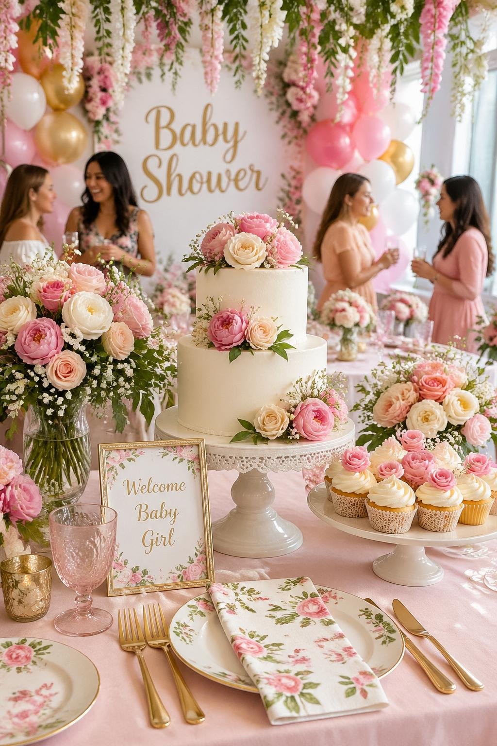 A baby shower party decorated with colorful flowers, a table with floral centerpieces, cupcakes, and a tiered cake, with guests enjoying the celebration.