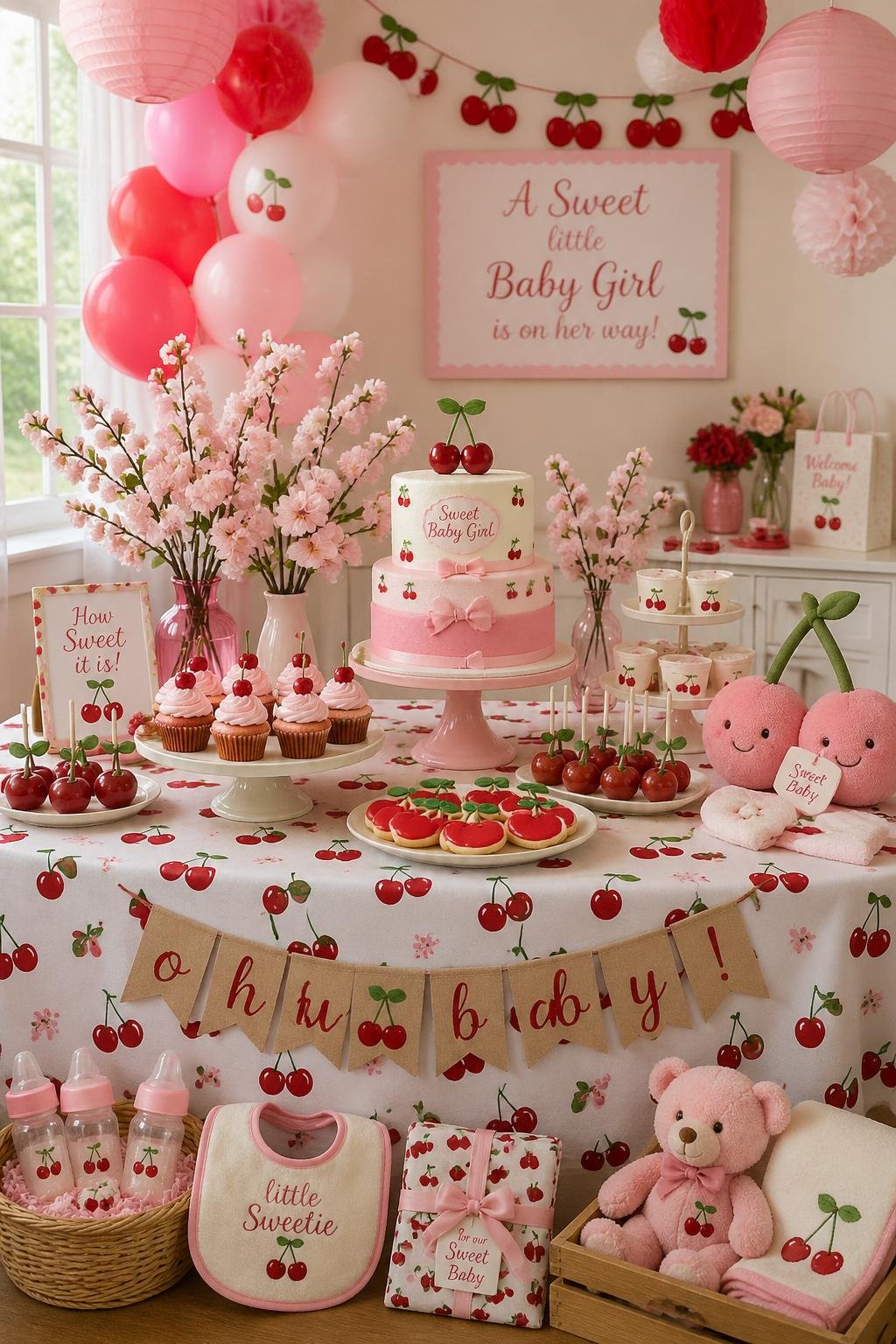 A baby shower setup decorated with cherry-themed treats, balloons, floral arrangements, and baby shower favors on a decorated table in a cozy room.
