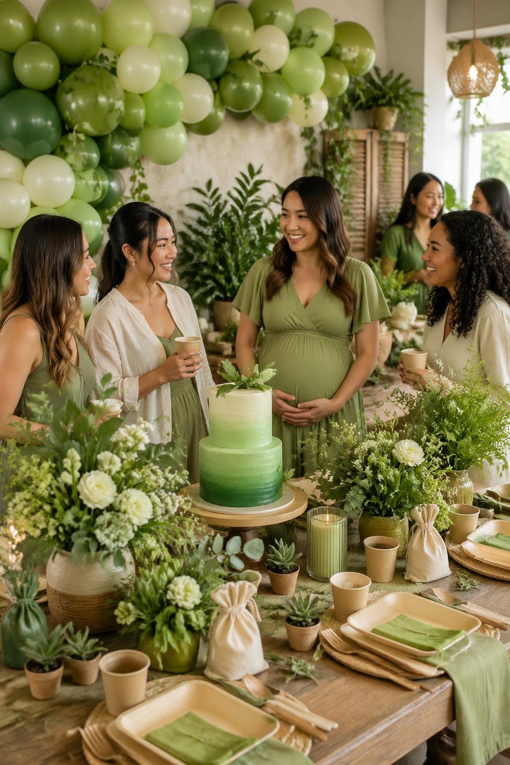 A baby shower setup decorated with green balloons, plants, floral arrangements, a green cake, and eco-friendly party favors in a bright indoor space with guests celebrating.