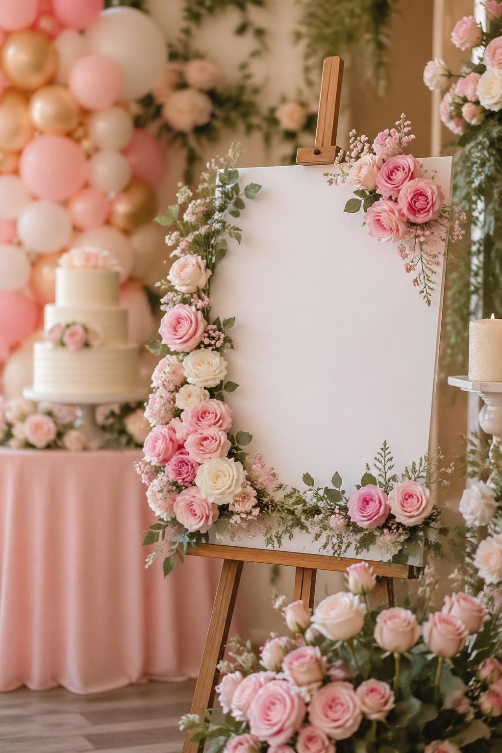 A floral welcome sign surrounded by blush pink roses and greenery at a baby shower celebration.