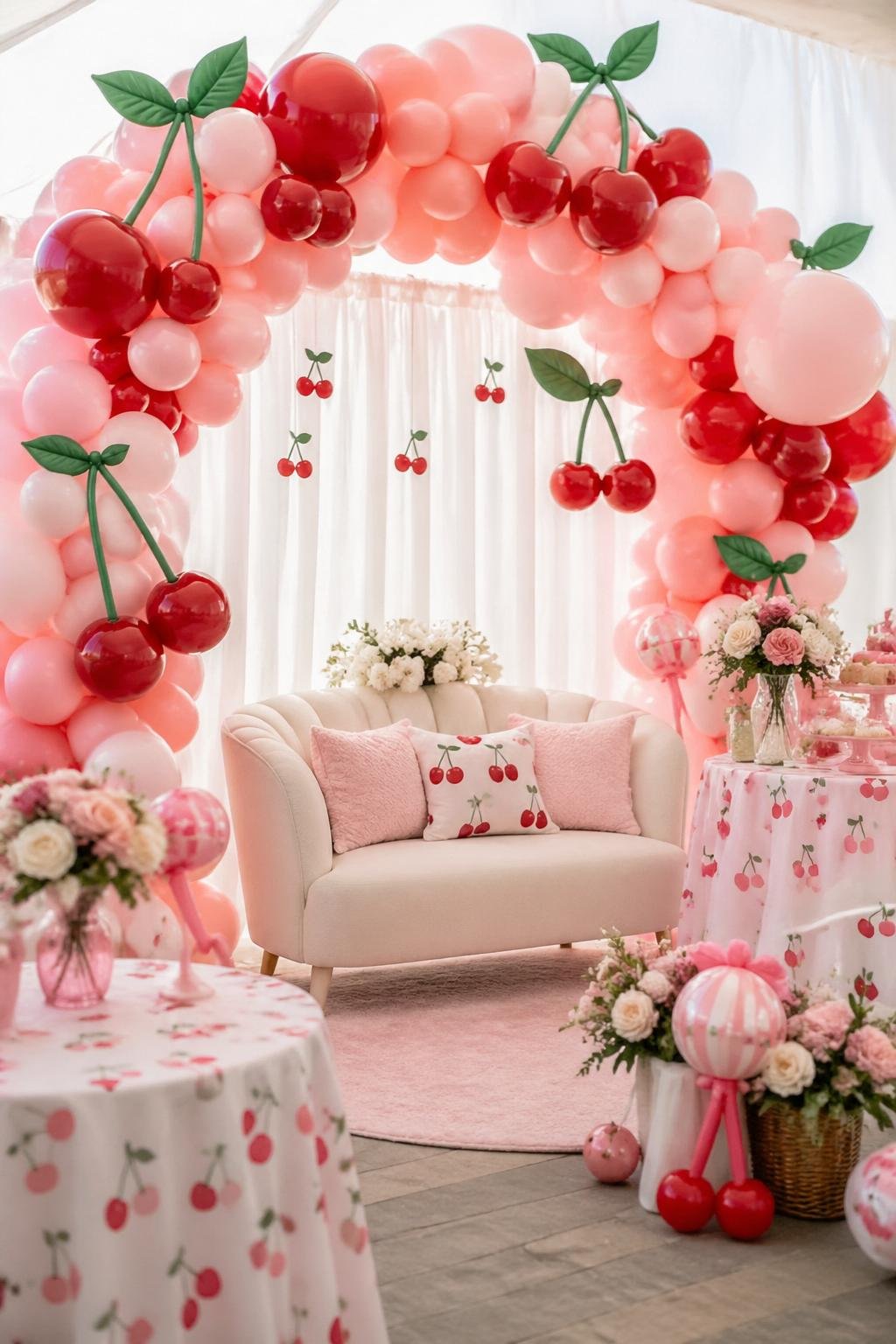 A baby shower setup with a balloon arch decorated with red and pink cherry-themed balloons and green leaf accents, surrounded by pastel decorations and floral arrangements.