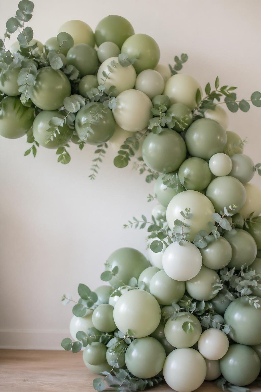 A green eucalyptus and sage balloon garland backdrop with intertwined leaves and balloons arranged for a baby shower.
