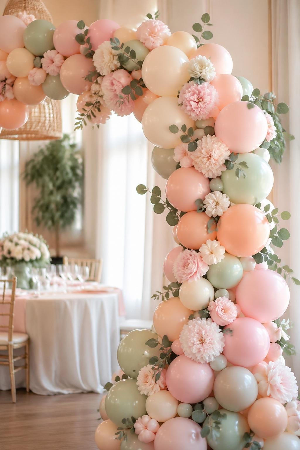 A pastel balloon arch decorated with faux peonies and eucalyptus leaves at a baby shower party.