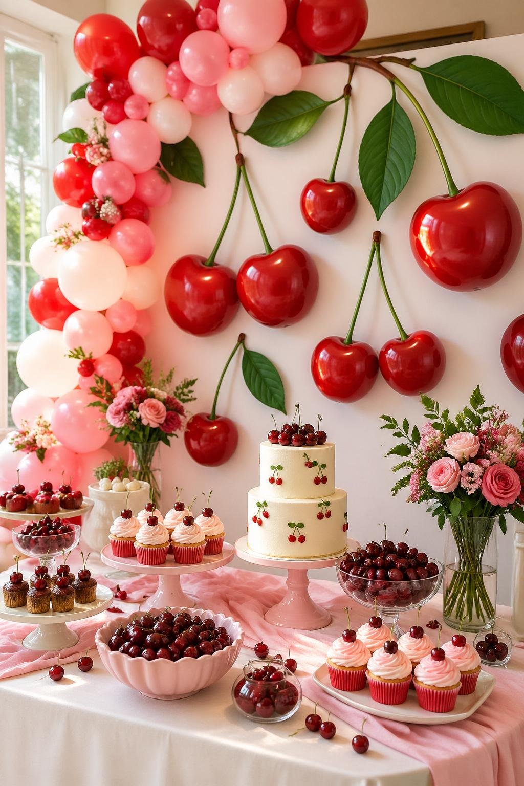 A baby shower setup with a cherry-themed photo backdrop, a dessert table with cherry treats, and pastel decorations.