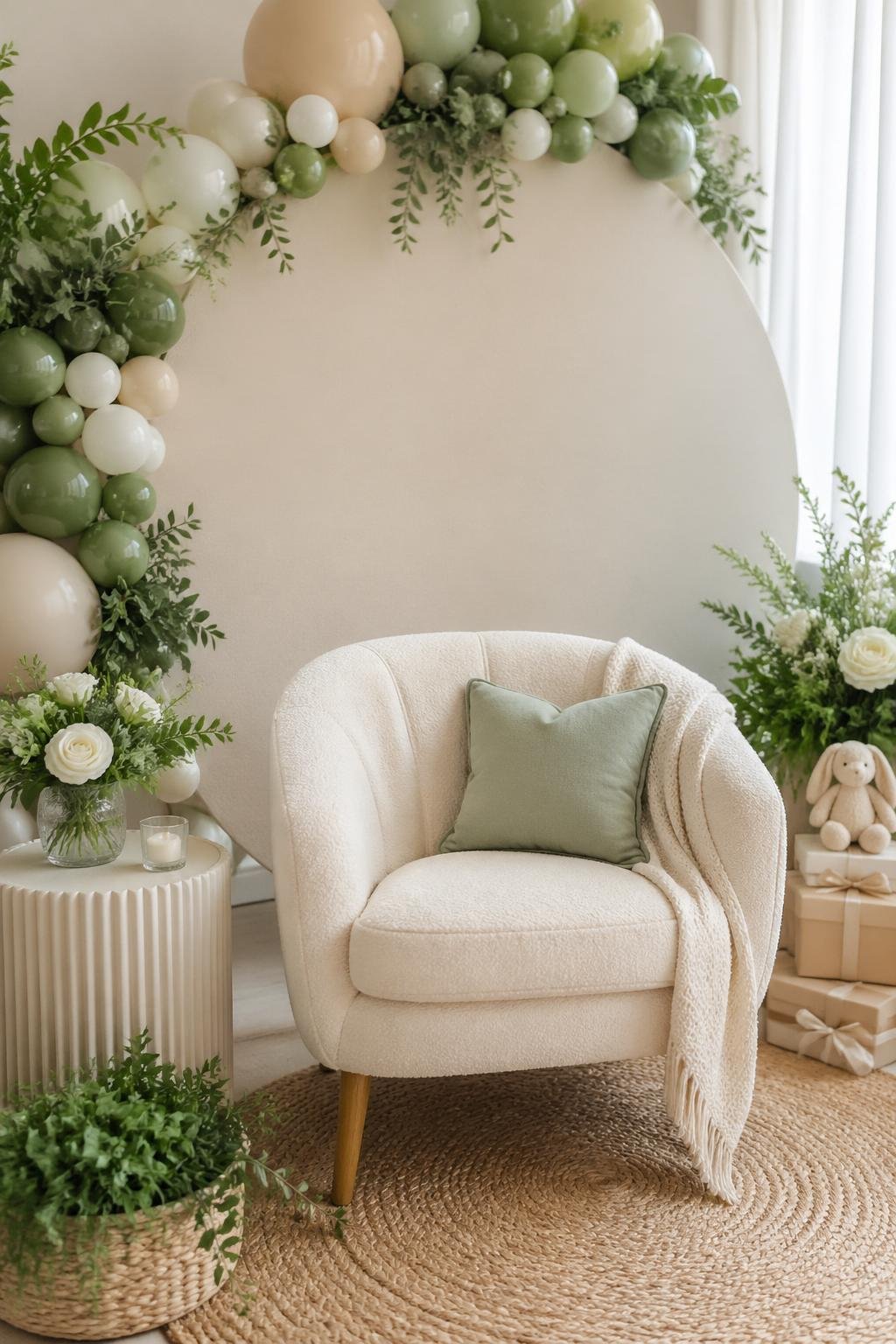 A baby shower setup with a round green leafy backdrop and a cream accent chair in front.