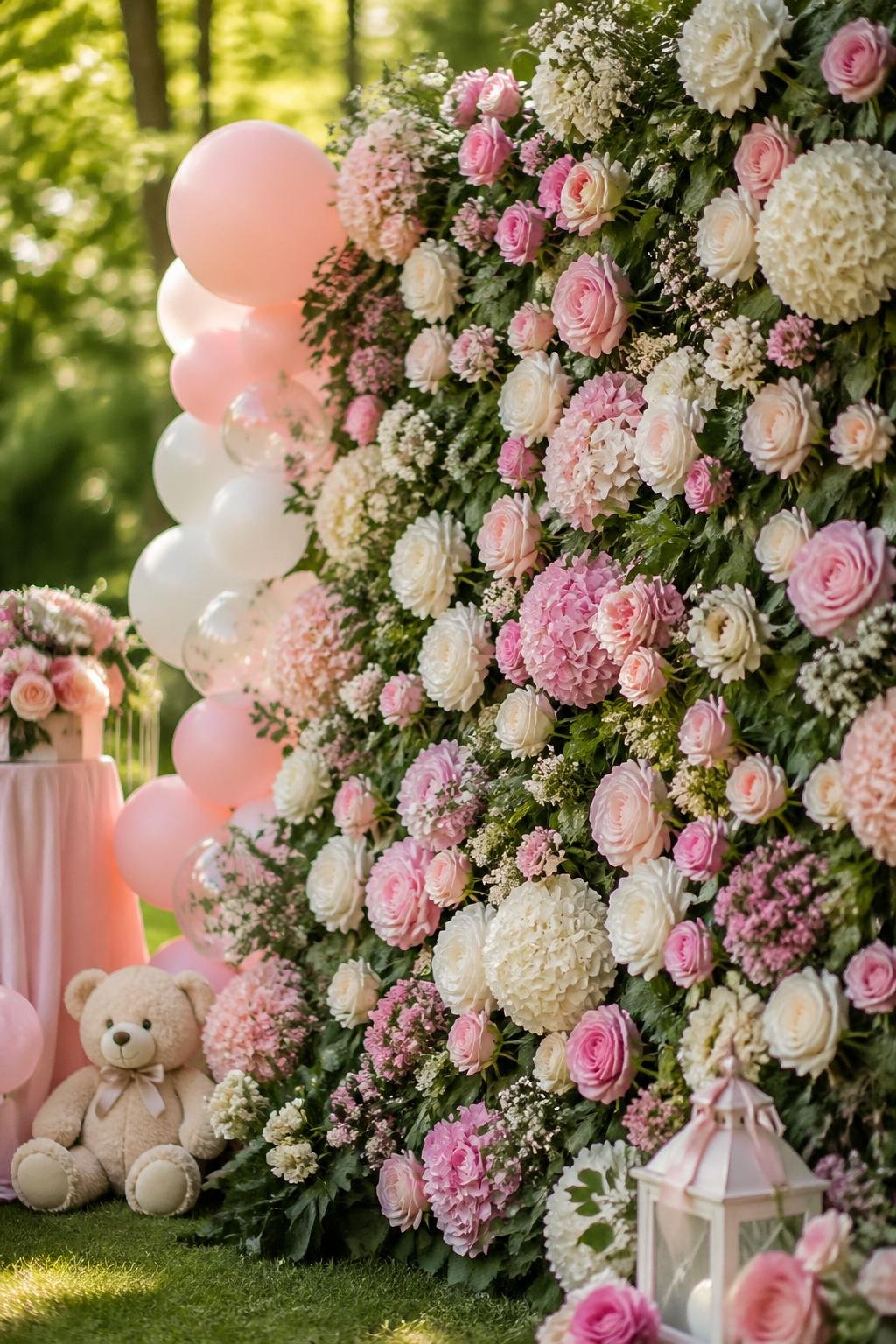 A vibrant floral garden backdrop with colorful flowers and greenery arranged outdoors for a baby shower celebration.
