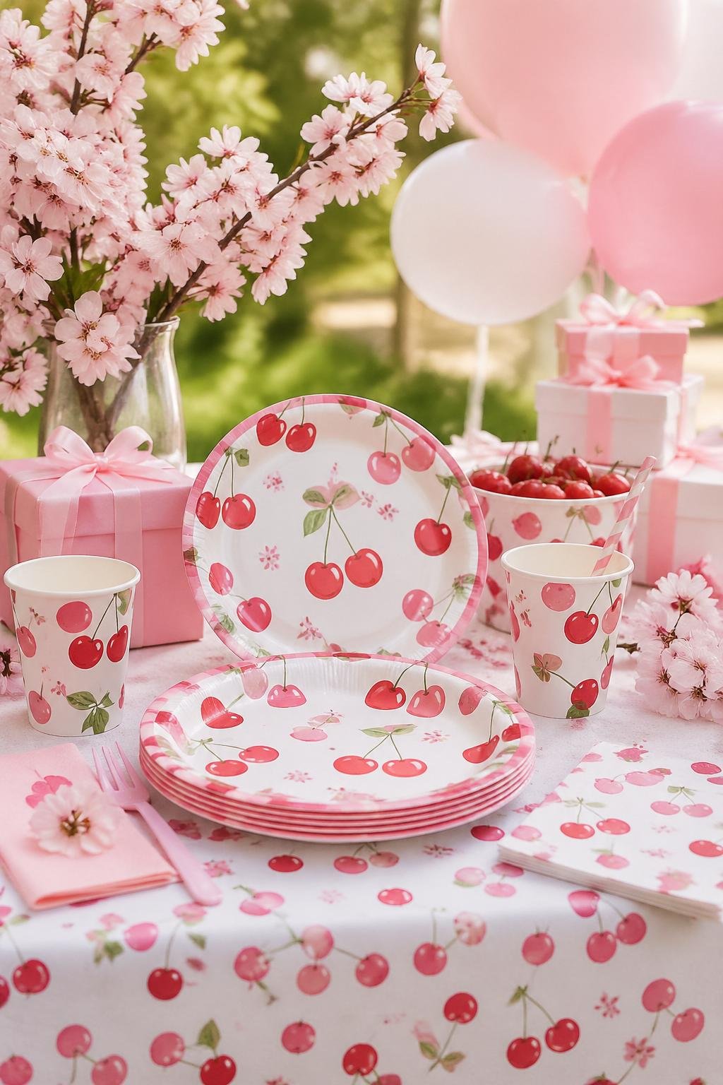 A baby shower table set with pink, red, and white cherry print plates, cups, and napkins, decorated with balloons and cherry blossoms.