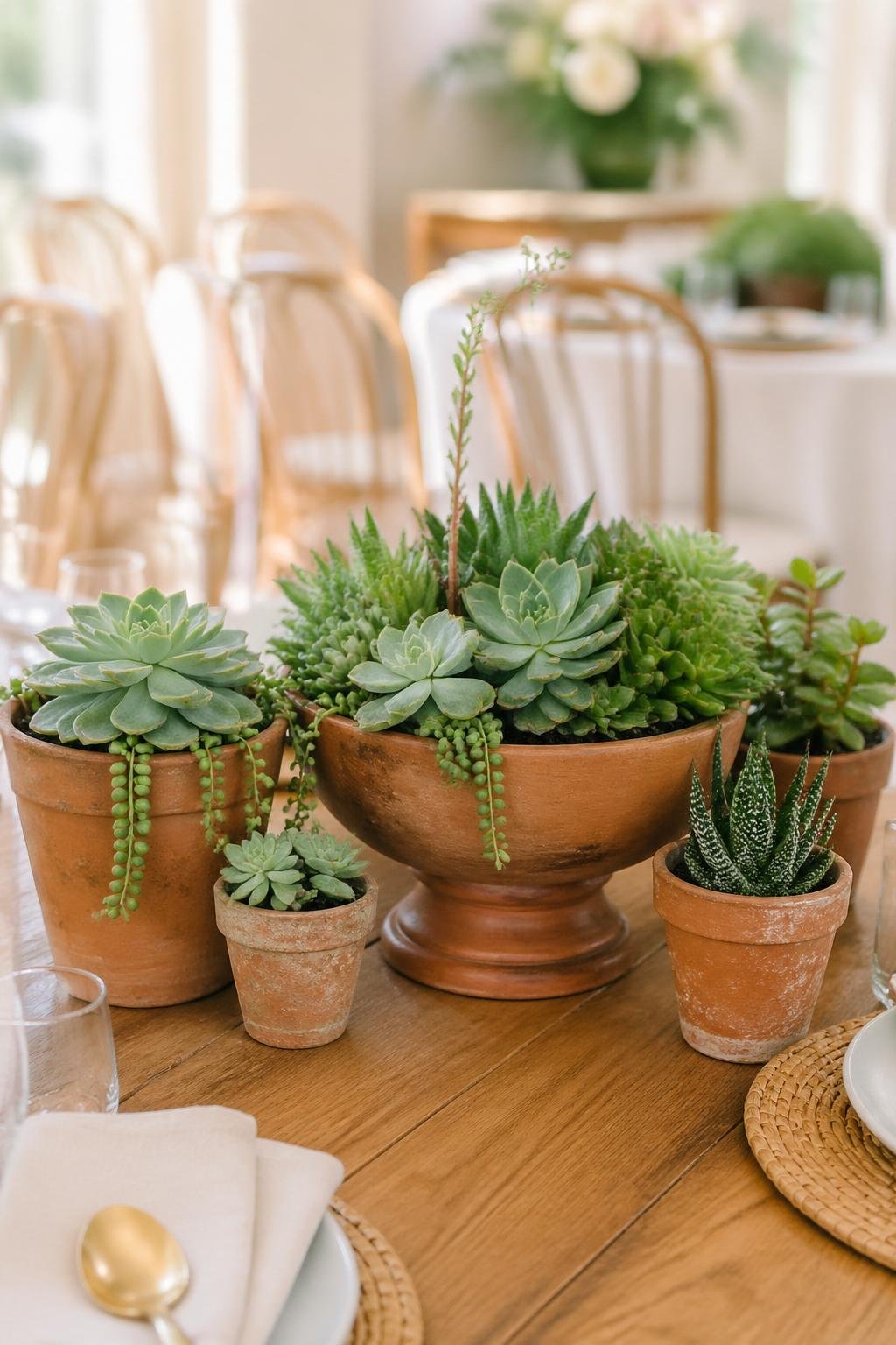 A wooden table with several terracotta pots holding green succulent plants arranged as centerpieces.