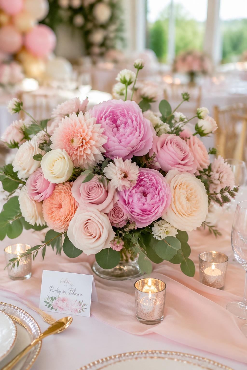 A table with a floral centerpiece of peonies, roses, and dahlias surrounded by baby shower decorations.