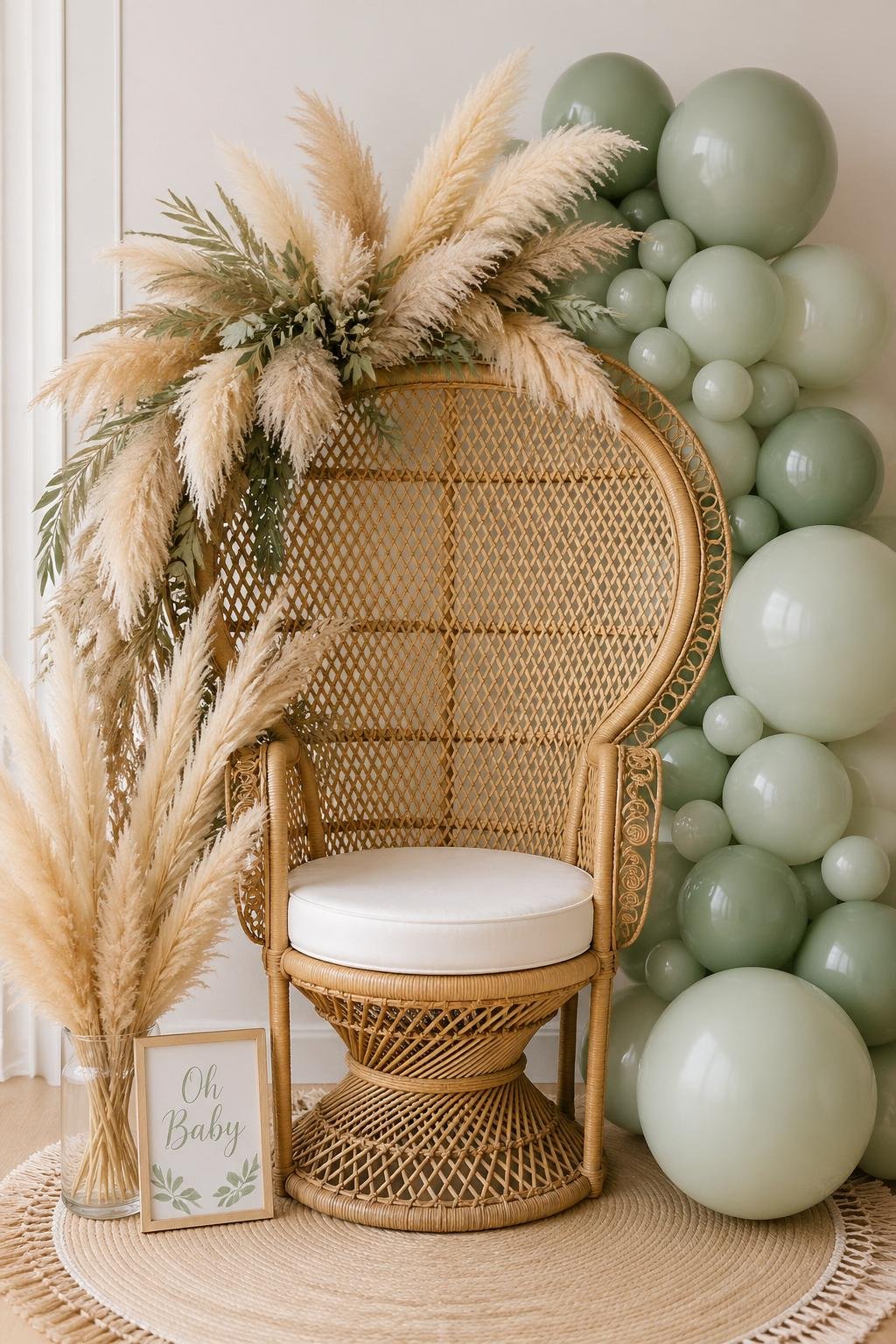 A wicker peacock chair decorated with pampas grass and surrounded by sage green balloons.