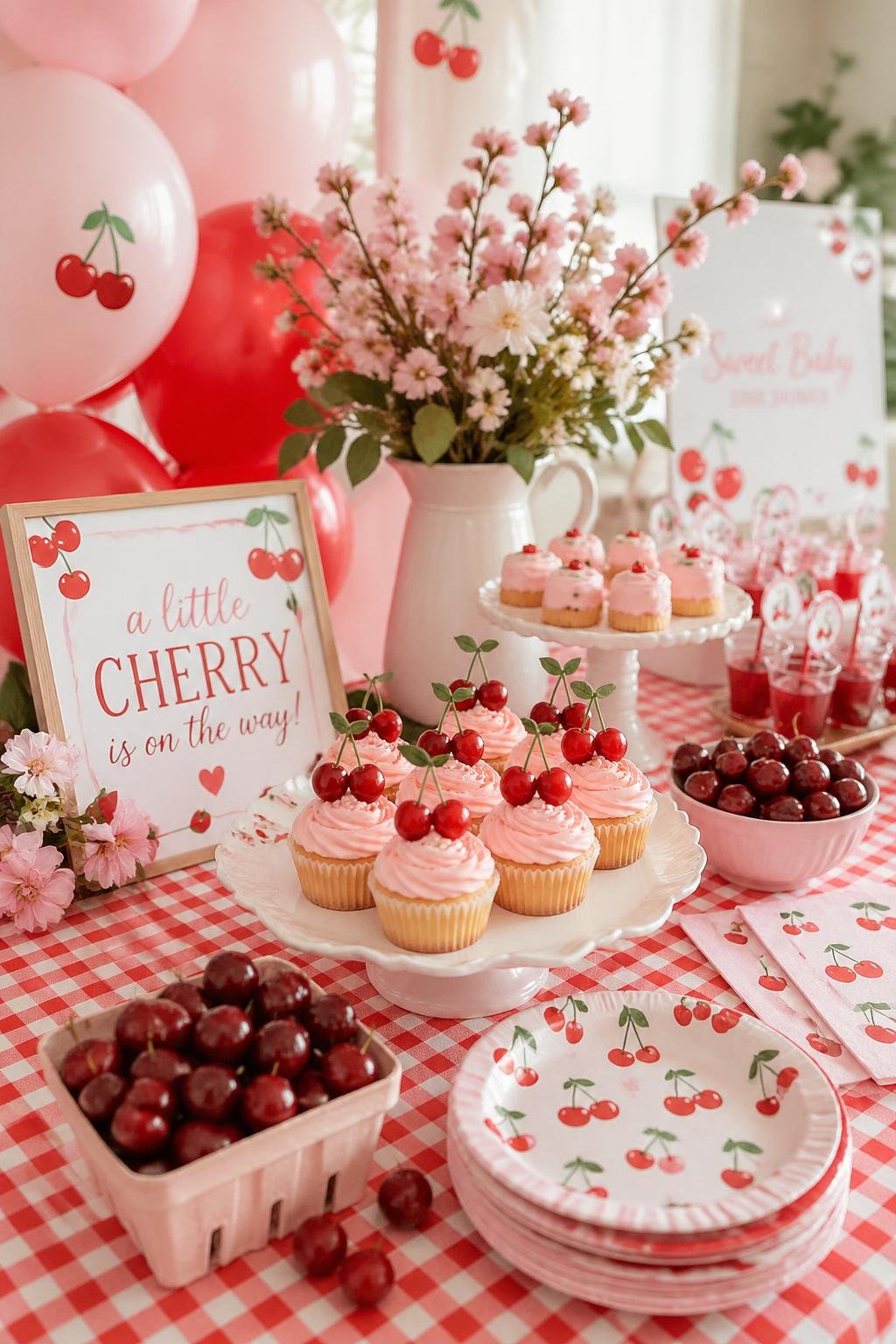A dessert table with a red and pink gingham tablecloth decorated with cherry-themed baby shower treats and decorations.