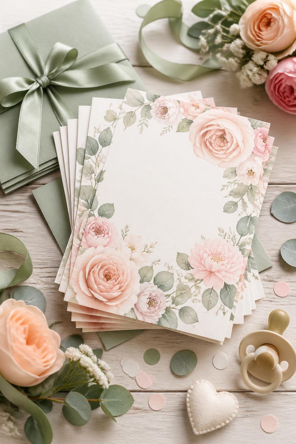 A stack of floral baby shower invitations in blush, peach, and sage colors arranged on a wooden table with matching envelopes and small baby shower decorations.