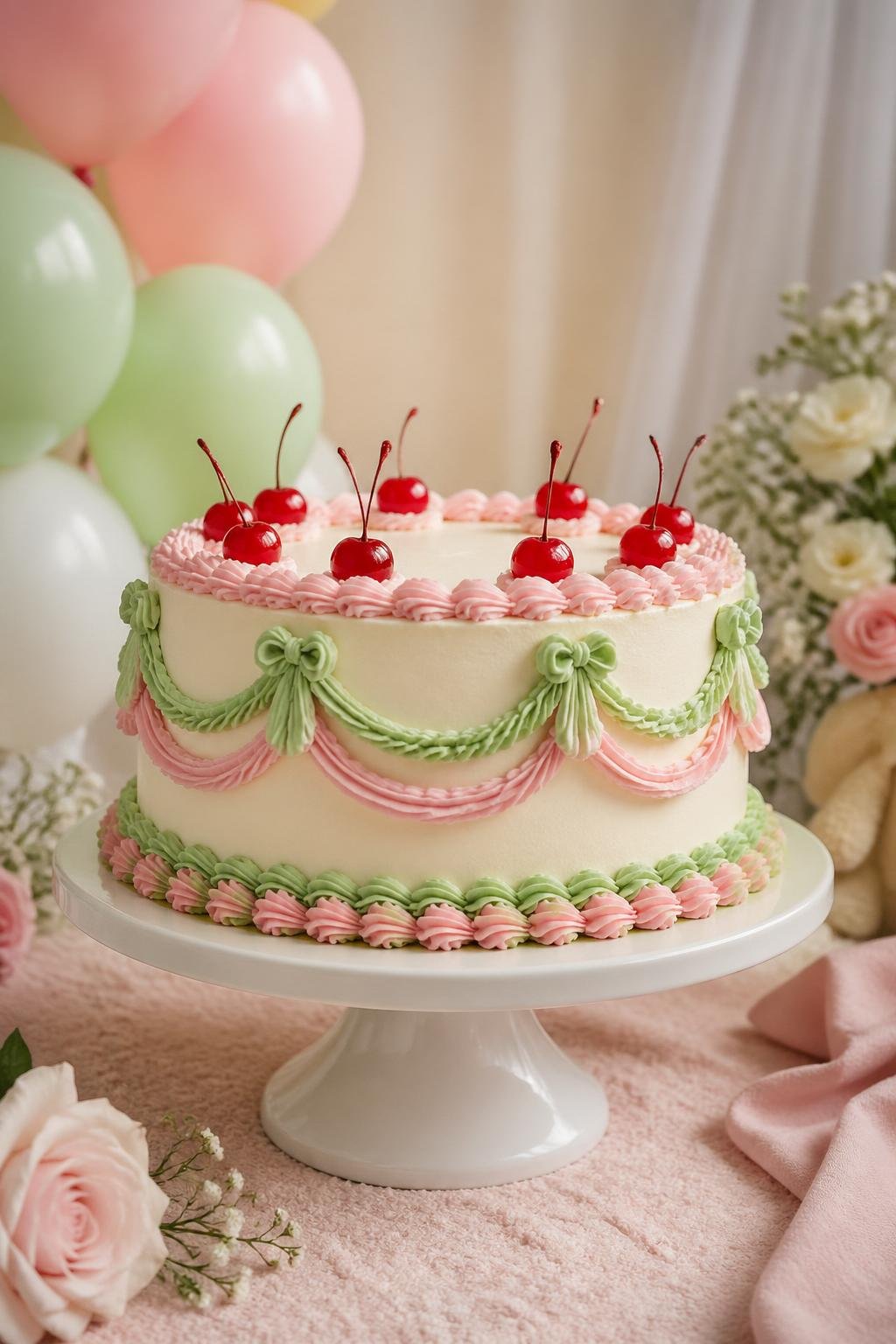 A baby shower cake topped with red cherries and pastel-colored retro piping, surrounded by soft decorations.