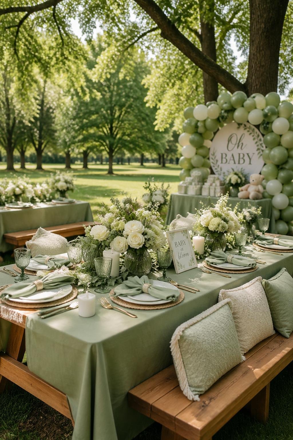 Outdoor park scene with picnic tables covered in sage green linens, decorated for a baby shower with flowers and greenery.