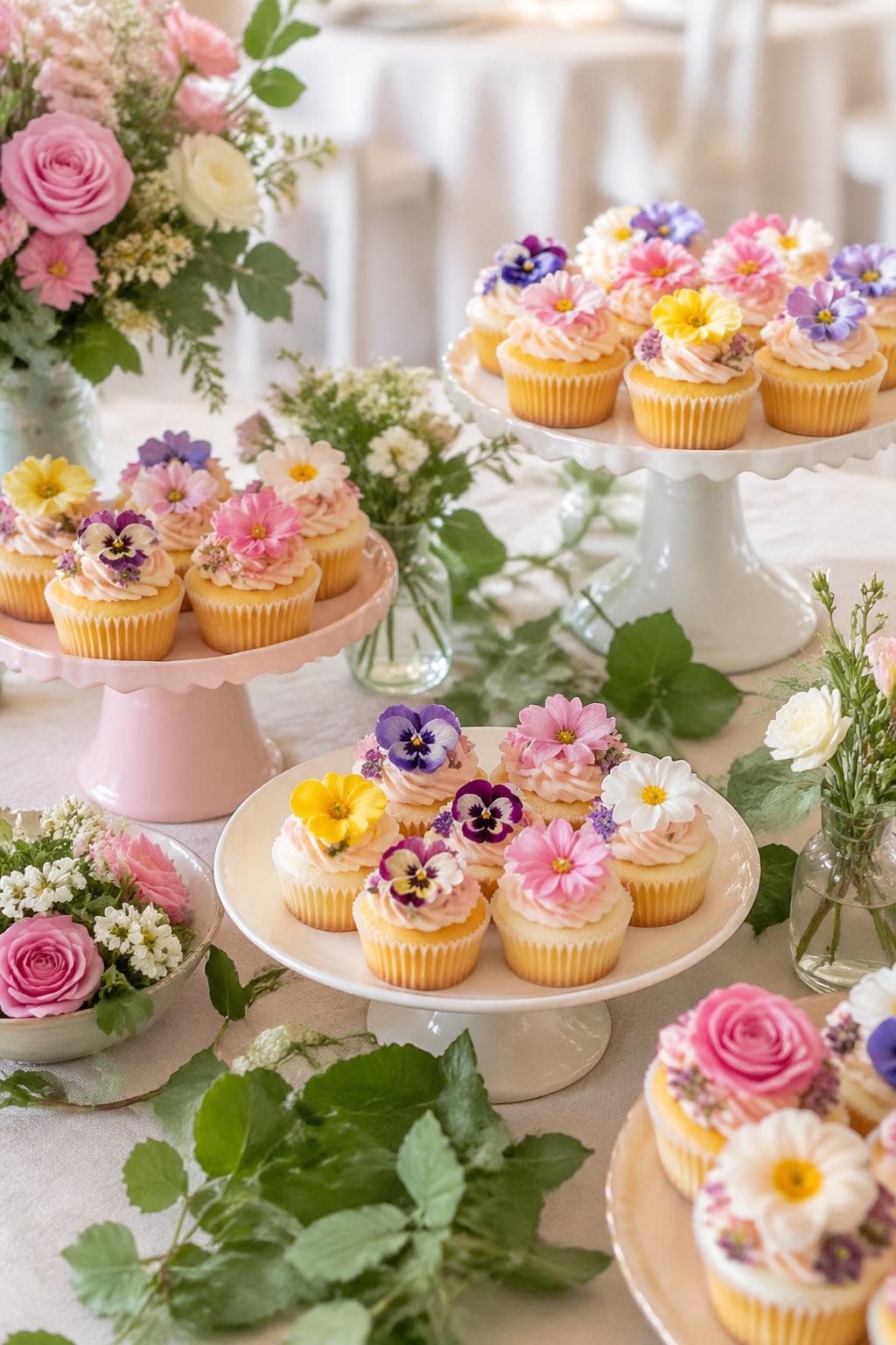A dessert table with edible flower cupcakes and floral decorations for a baby shower party.