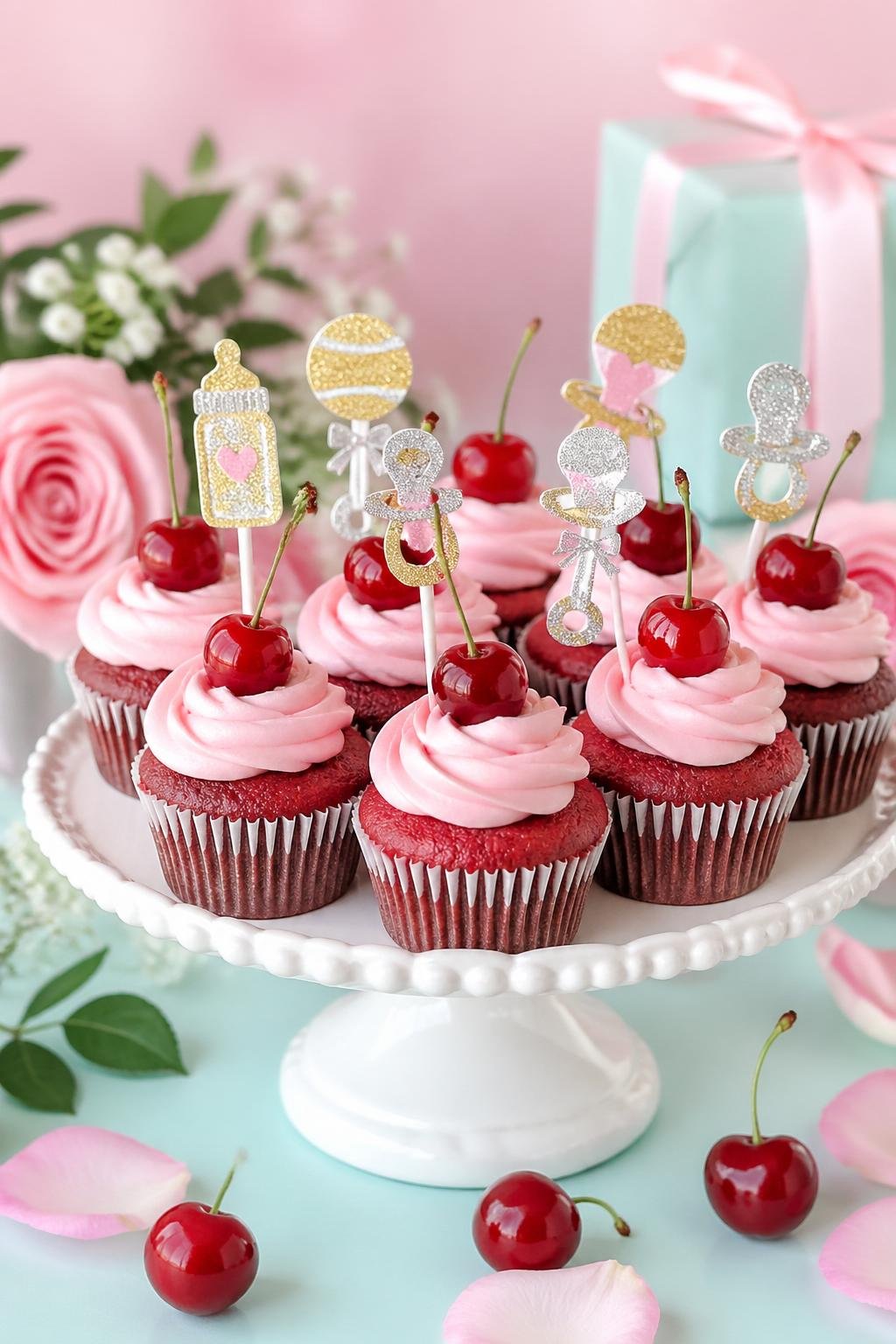 A display of cherry cupcakes with glittery baby shower toppers on a white cake stand surrounded by cherries and rose petals.
