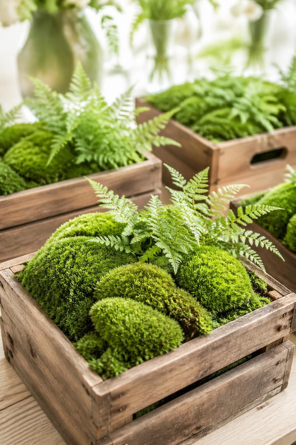 Wooden crates filled with green moss and small ferns arranged on a wooden surface.