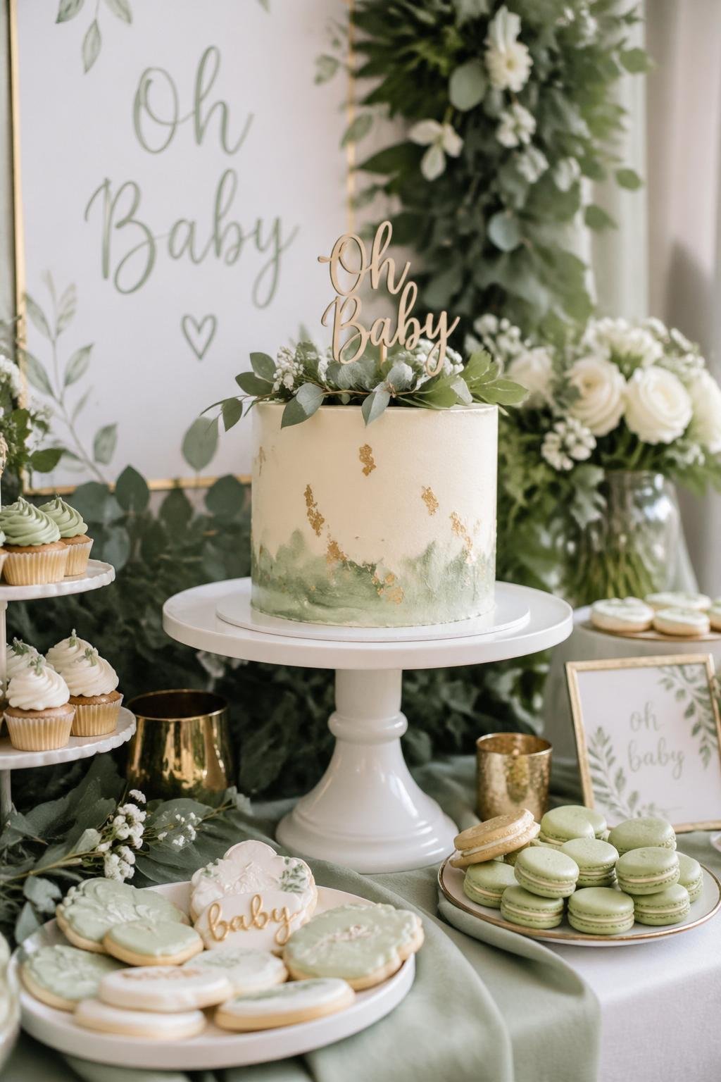 A dessert table with a tall white cake stand holding a decorated cake, surrounded by green and white desserts and greenery decorations.