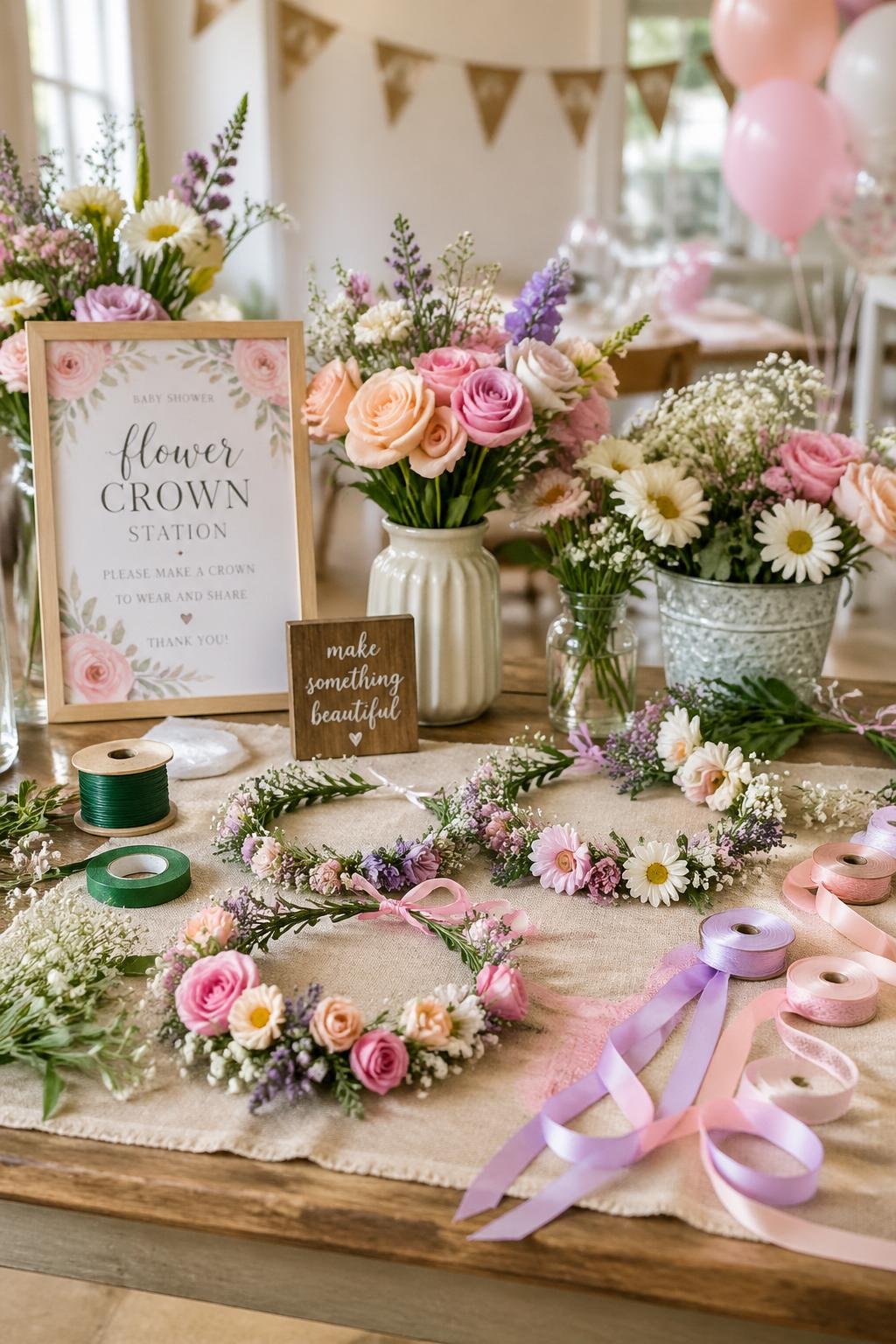 A table with fresh flowers, floral wire, ribbons, and partially made flower crowns arranged for a baby shower craft activity.