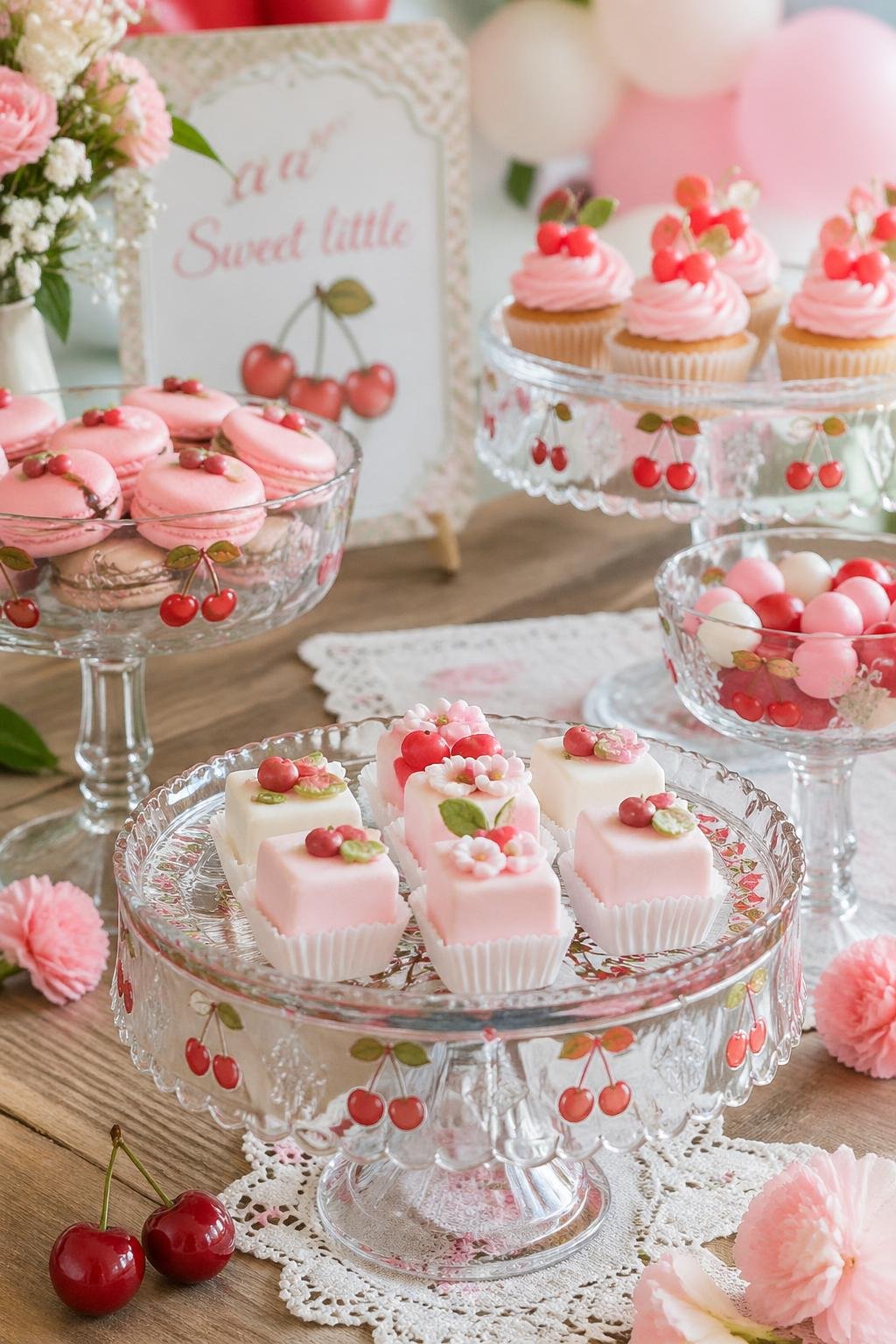 Vintage glass cake stands with cherry designs holding baby shower treats on a wooden table with soft decorations.