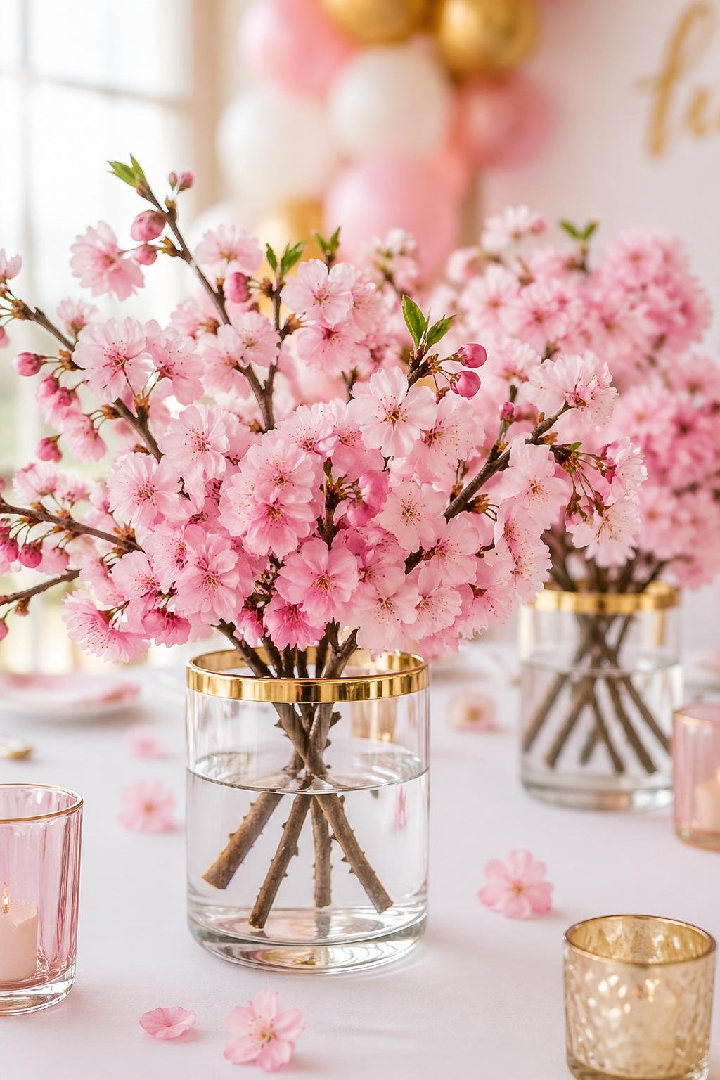 Cherry blossom flowers arranged in clear glass vases with gold rims on a light table.