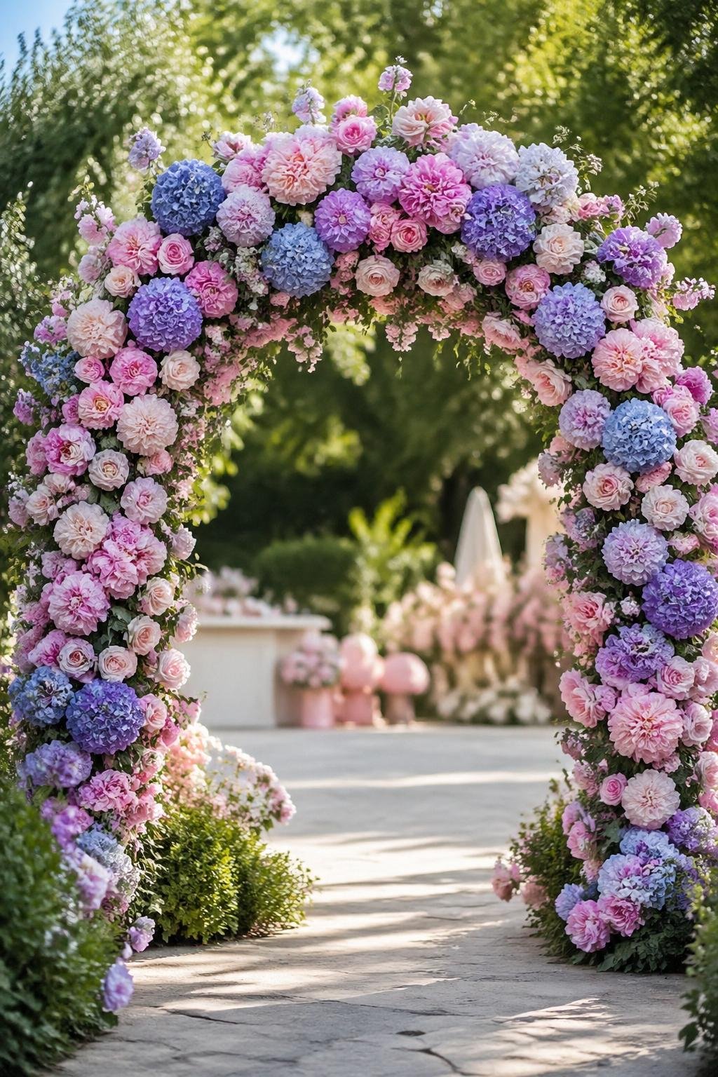 A floral arch entrance decorated with pink, blue, and purple flowers in an outdoor garden setting.