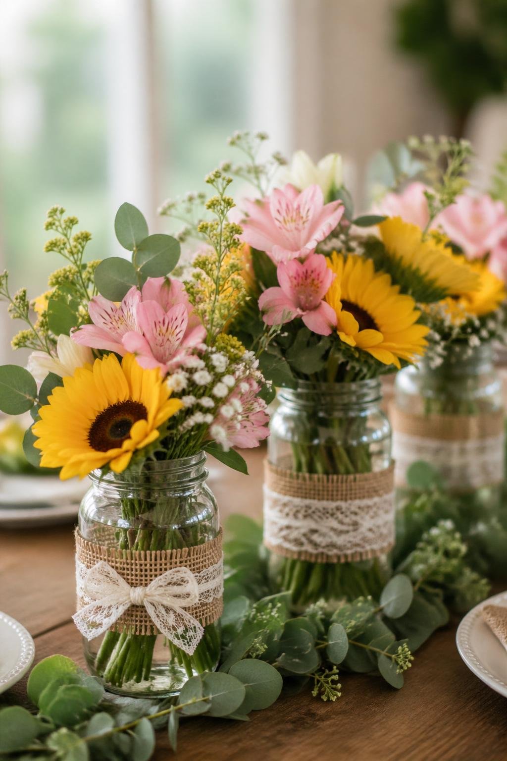 Upcycled glass jars filled with yellow and pink flowers arranged as centerpieces on a wooden table with green leaves around them.