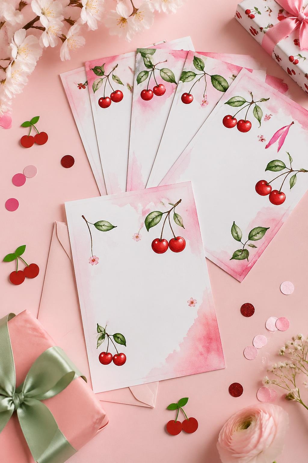 A collection of baby shower invitations decorated with hand-painted cherry designs, surrounded by matching decorations on a pastel background.