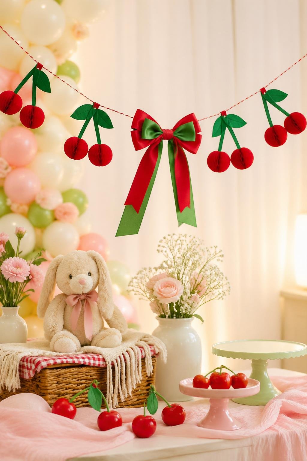 A baby shower decoration setup with a cherry garland, paper cherries, and a bow hanging as part of the decor.