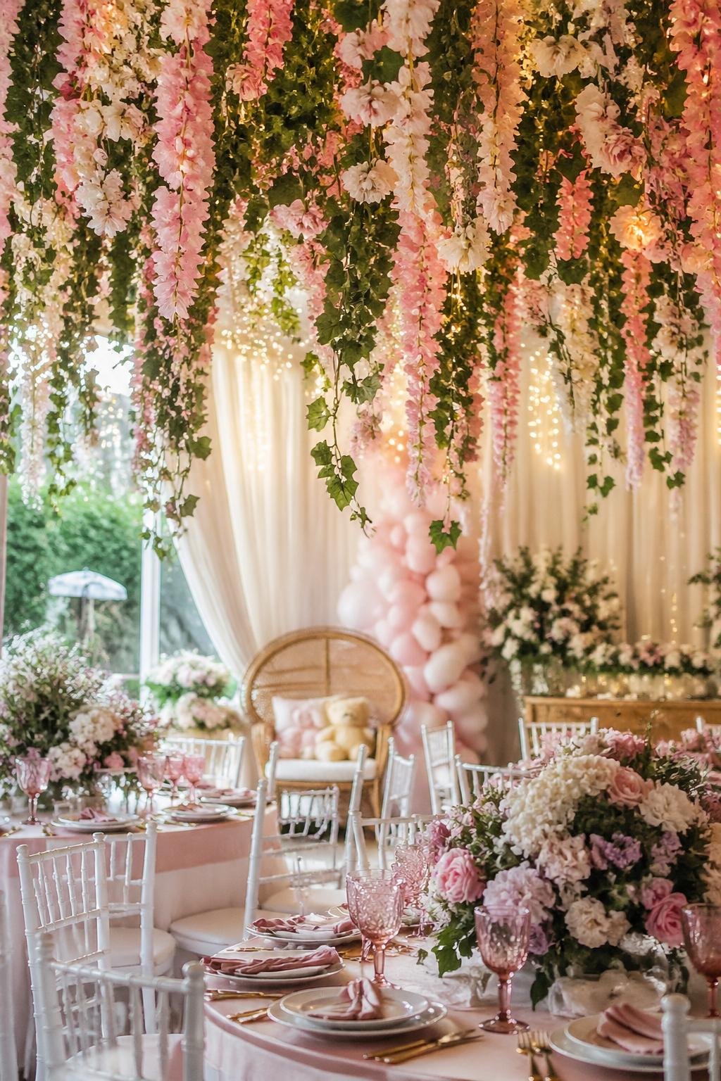 A baby shower party setup with hanging floral arrangements, green ivy, and warm fairy lights creating a festive atmosphere.