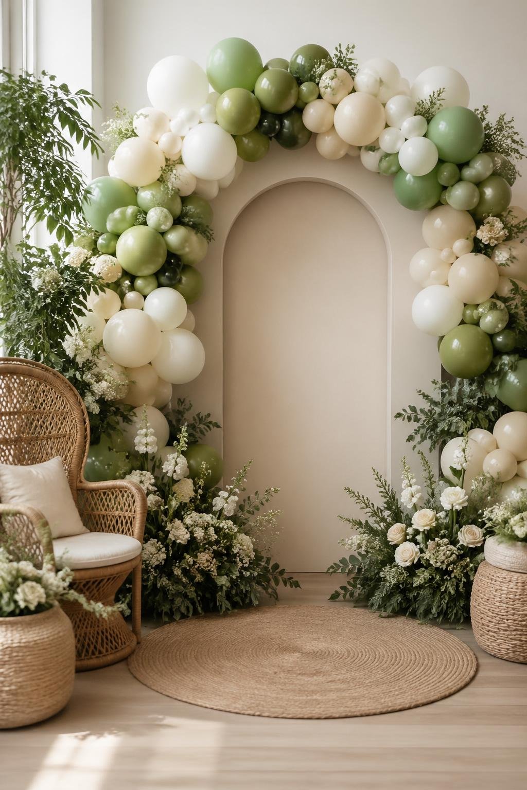 A neutral arch decorated with layered green and white balloons and greenery, set up for a baby shower celebration.