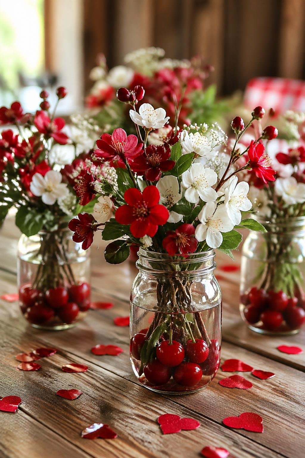 Mason jars filled with cherry-themed flowers surrounded by red heart confetti on a wooden table.