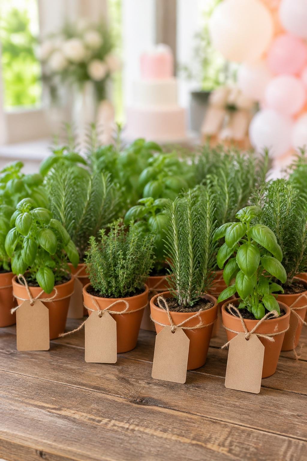 Mini potted herbs with kraft paper tags arranged on a wooden table, surrounded by soft baby shower decorations.