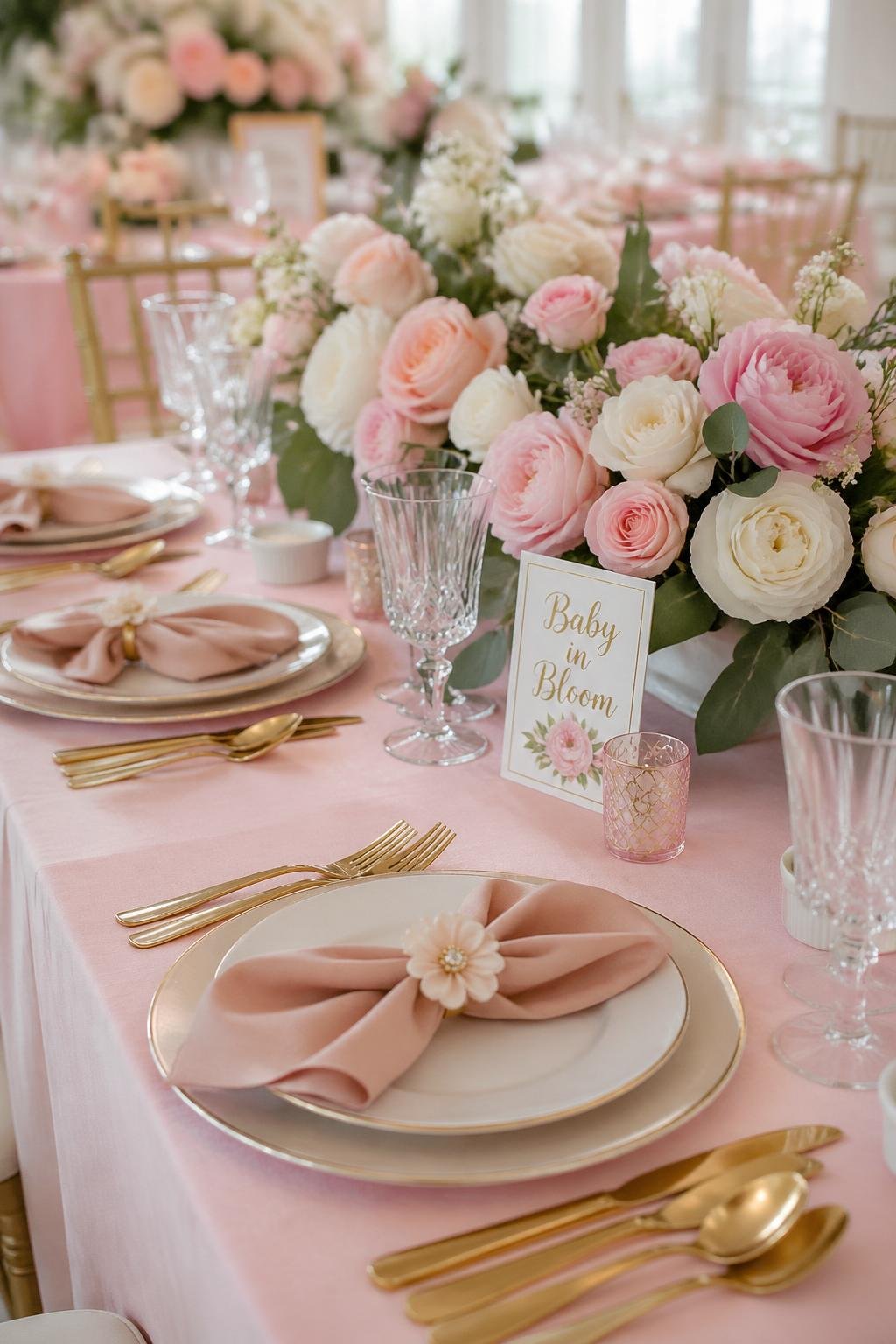 A beautifully set table with pastel linens, floral centerpieces, gold flatware, and flower napkin rings arranged for a baby shower party.