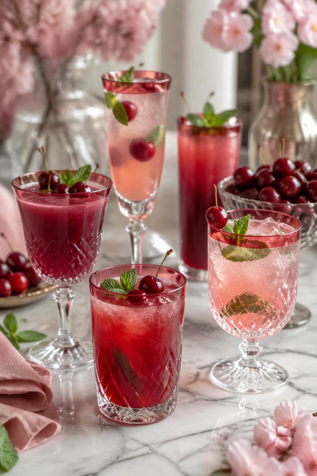 A cherry mocktail bar with crystal glasses that have red rims, decorated with fresh cherries and mint leaves on a clean bar surface.