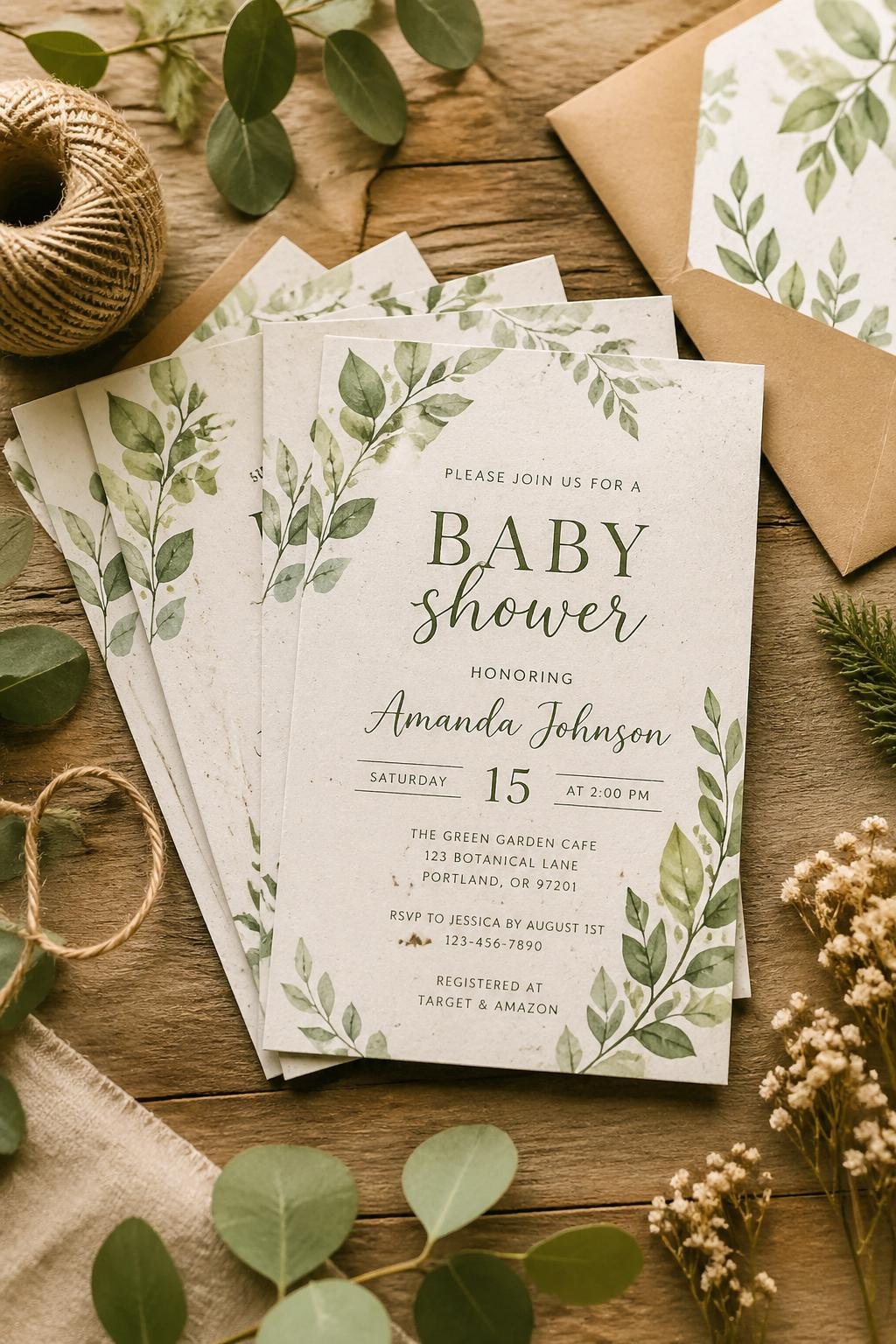 A collection of green-themed baby shower invitations on recycled paper surrounded by greenery and natural elements on a wooden surface.
