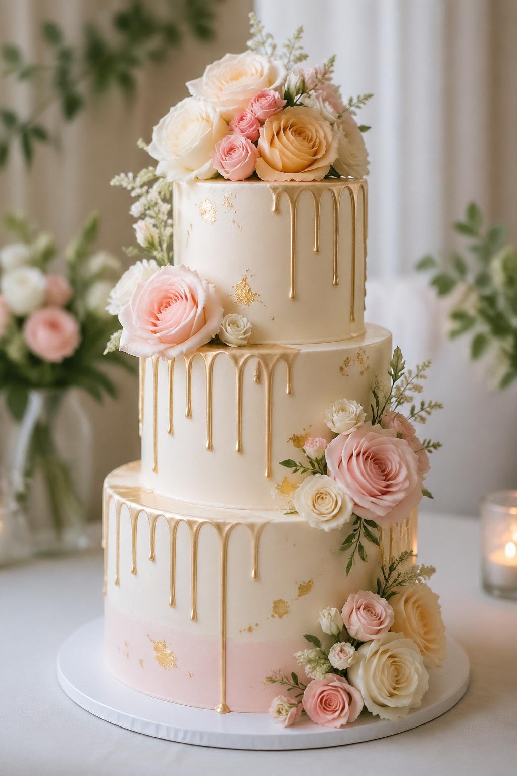 A multi-tiered cake decorated with pastel roses and gold drip details on a table with floral arrangements in the background.