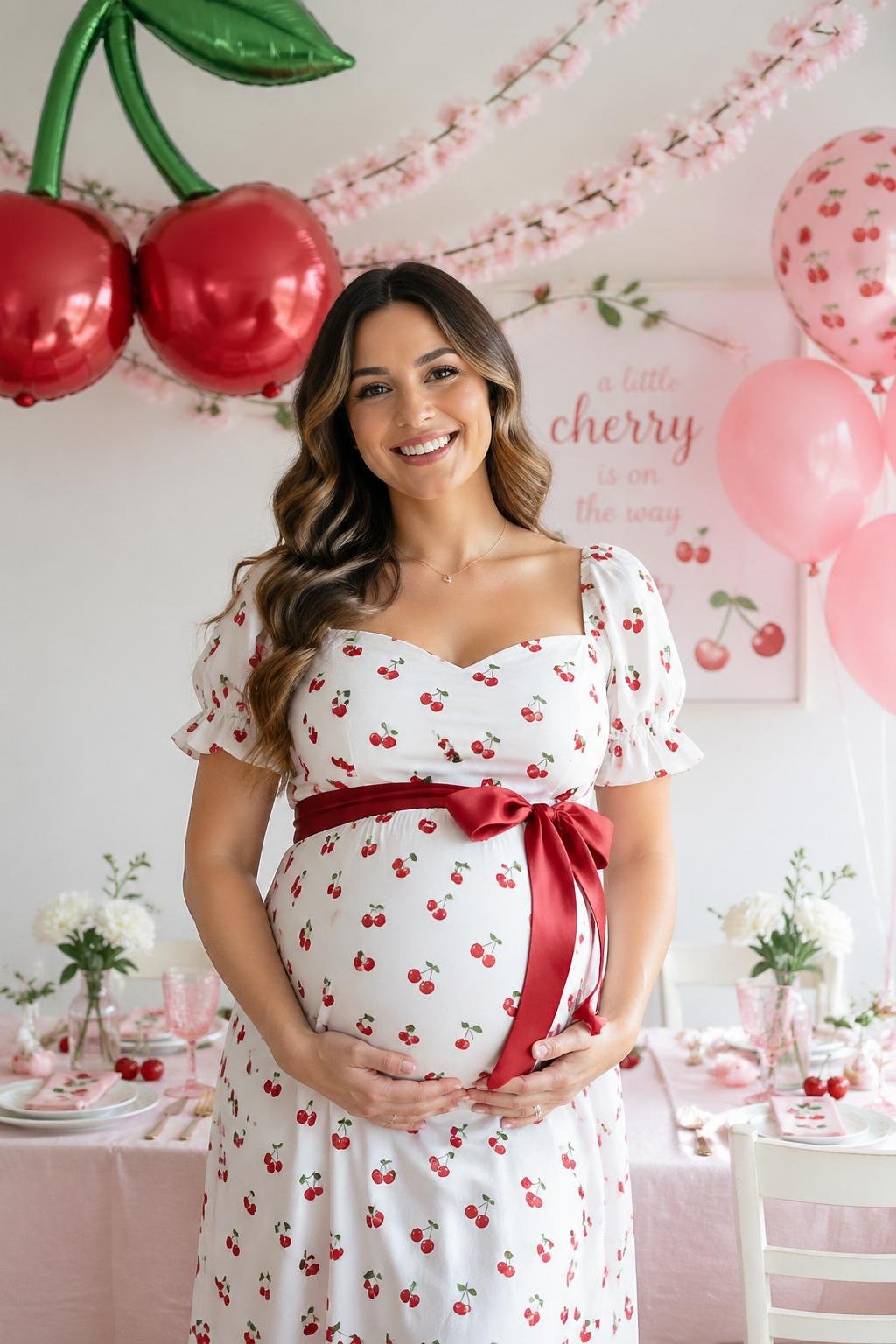 A pregnant woman wearing a cherry print dress with a matching sash, standing in a room decorated for a baby shower with cherry-themed decorations.