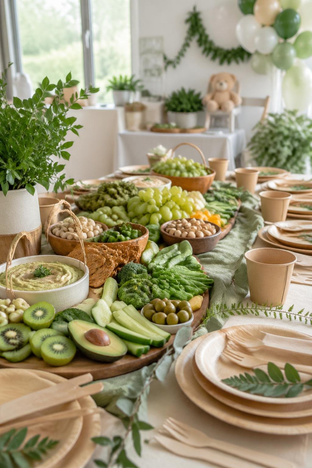 A grazing table with green plant-based foods and compostable tableware set up for a baby shower celebration.