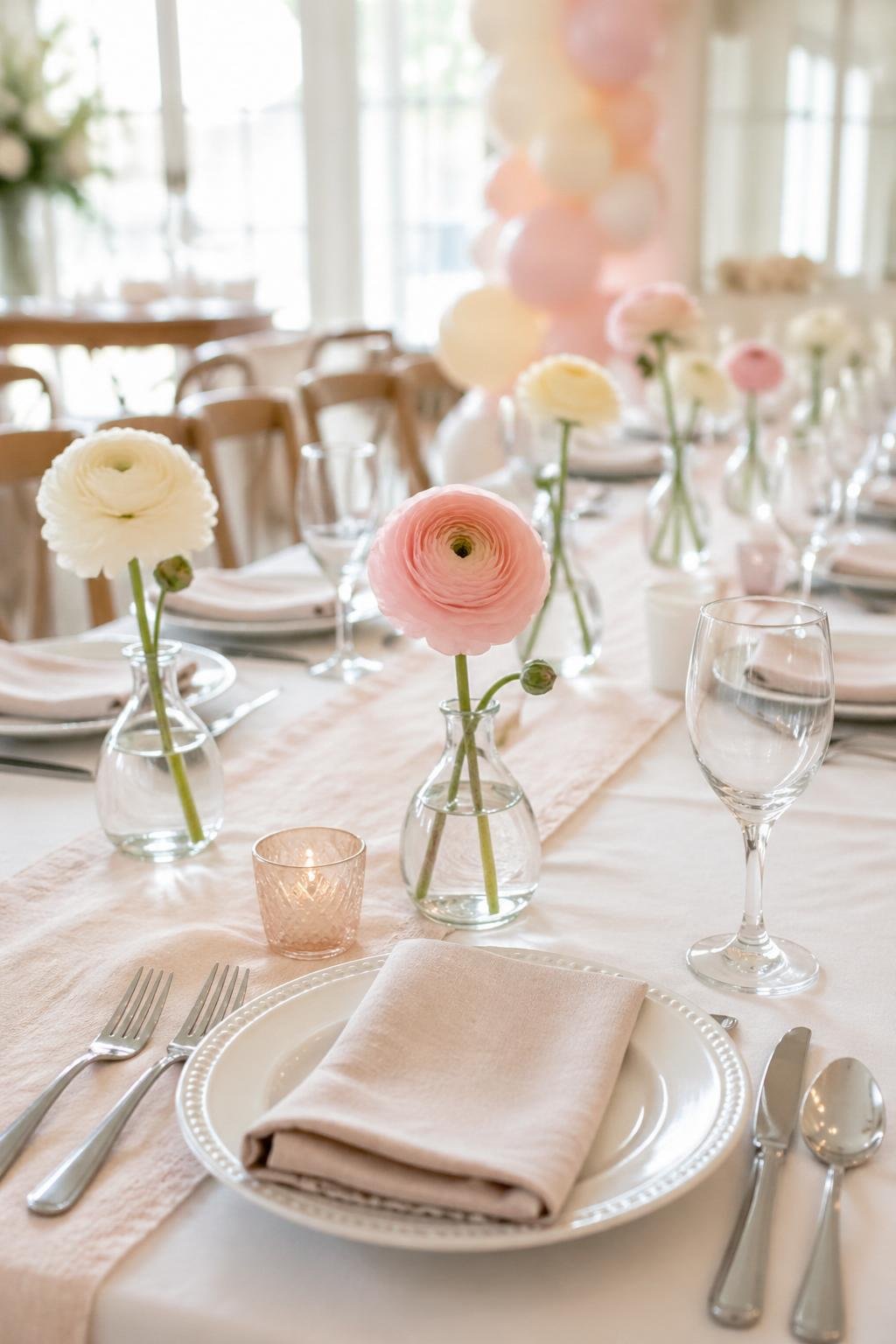 A table set for a baby shower with single-stem ranunculus flowers in small vases at each place setting.